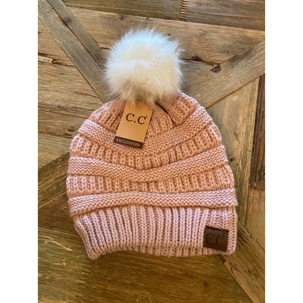 C.C Rose Pink Knit Slouchy Pom Pom Beanie Hat New Cozy Apres Ski Gorpcore Winter